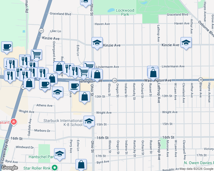 map of restaurants, bars, coffee shops, grocery stores, and more near 4515 Washington Avenue in Racine