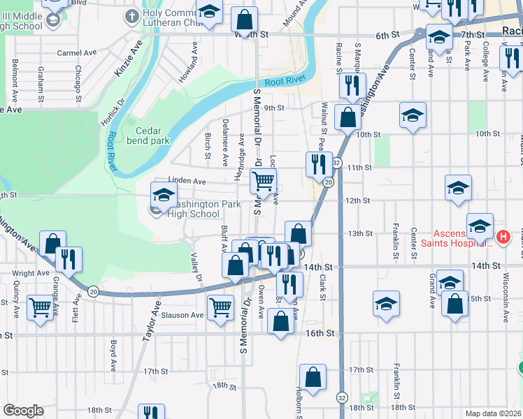 map of restaurants, bars, coffee shops, grocery stores, and more near 1500 12th Street in Racine