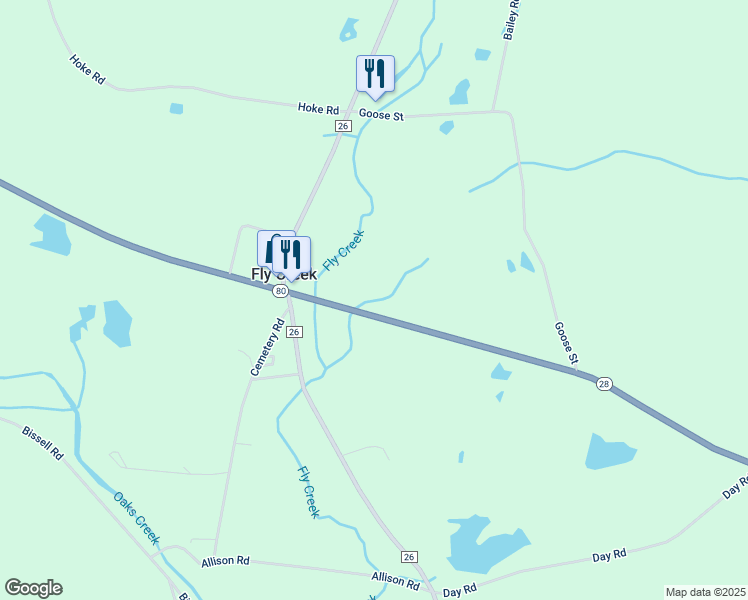 map of restaurants, bars, coffee shops, grocery stores, and more near Highway 80 in Fly Creek