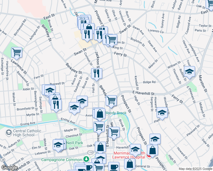 map of restaurants, bars, coffee shops, grocery stores, and more near 49B Berkeley Street in Lawrence