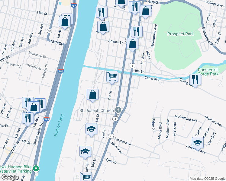 map of restaurants, bars, coffee shops, grocery stores, and more near 253 Madison Street in Troy