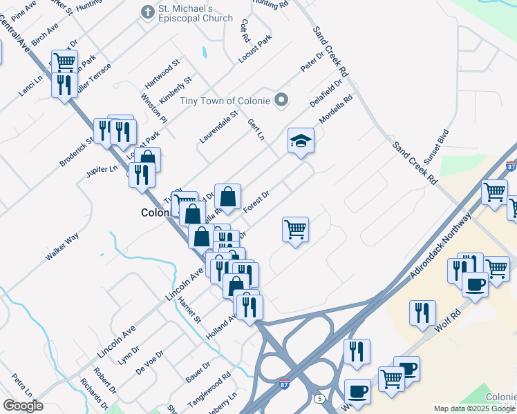 map of restaurants, bars, coffee shops, grocery stores, and more near 27 Forest Drive in Colonie