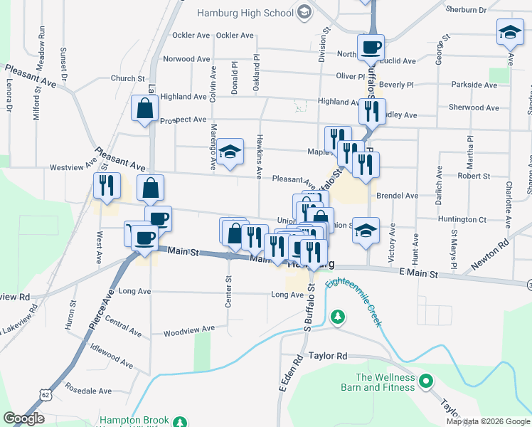 map of restaurants, bars, coffee shops, grocery stores, and more near 23 Hawkins Avenue in Hamburg