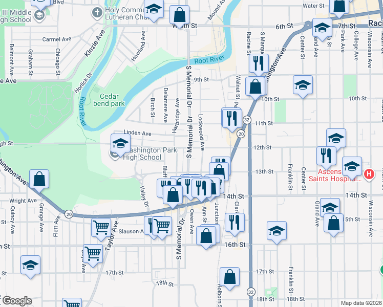 map of restaurants, bars, coffee shops, grocery stores, and more near 1500 12th Street in Racine