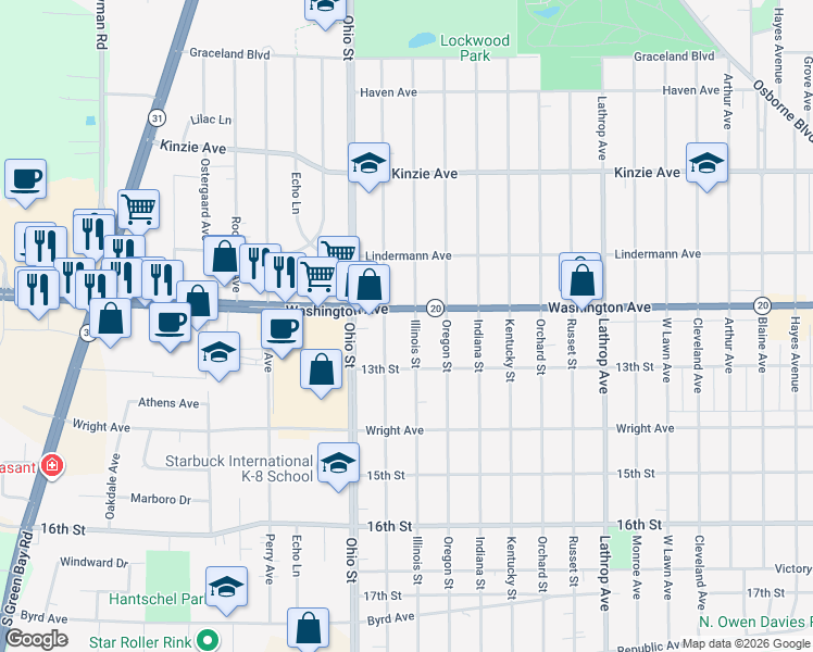 map of restaurants, bars, coffee shops, grocery stores, and more near 4515 Washington Avenue in Racine