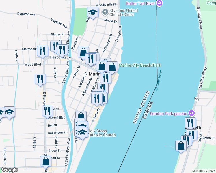 map of restaurants, bars, coffee shops, grocery stores, and more near 124 South Water Street in Marine City