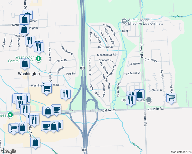 map of restaurants, bars, coffee shops, grocery stores, and more near 57431 Plymouth Road in Washington