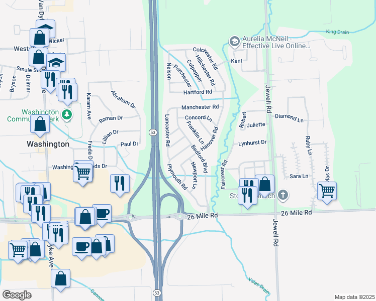 map of restaurants, bars, coffee shops, grocery stores, and more near 57480 Plymouth Road in Washington