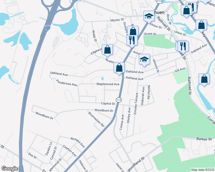 map of restaurants, bars, coffee shops, grocery stores, and more near 12 Maplewood Avenue in Methuen