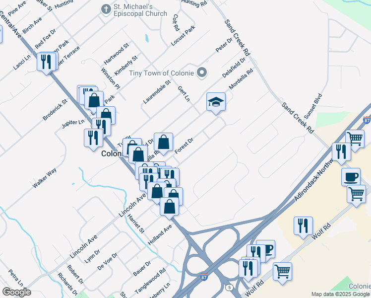 map of restaurants, bars, coffee shops, grocery stores, and more near 27 Forest Drive in Colonie