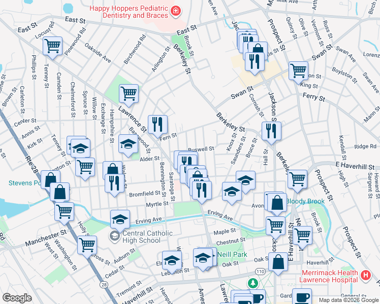 map of restaurants, bars, coffee shops, grocery stores, and more near 89 Trenton Street in Lawrence