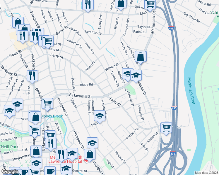 map of restaurants, bars, coffee shops, grocery stores, and more near 17 Hamilton Street in Lawrence