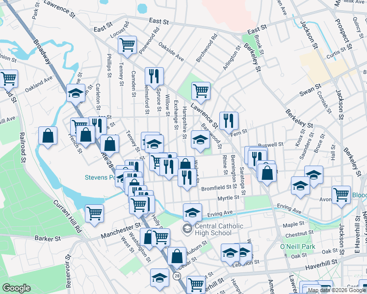 map of restaurants, bars, coffee shops, grocery stores, and more near 490 Hampshire Street in Lawrence