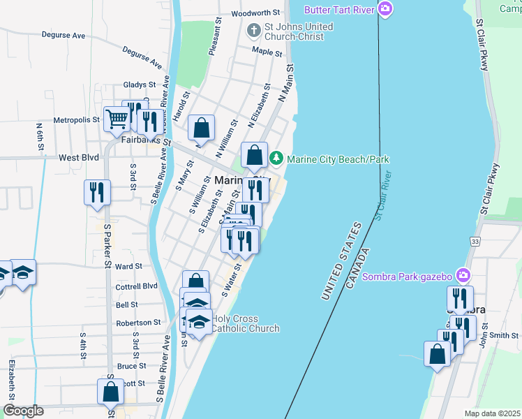 map of restaurants, bars, coffee shops, grocery stores, and more near 124 South Water Street in Marine City