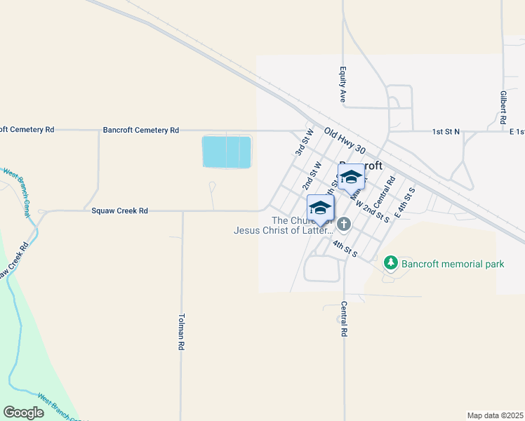 map of restaurants, bars, coffee shops, grocery stores, and more near Squaw Creek Road in Bancroft