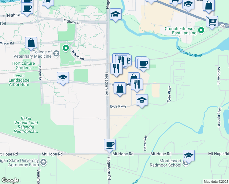 map of restaurants, bars, coffee shops, grocery stores, and more near 4700 Hagadorn Road in East Lansing