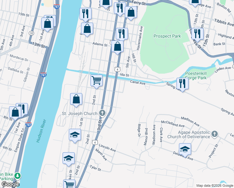 map of restaurants, bars, coffee shops, grocery stores, and more near 383 4th Street in Troy