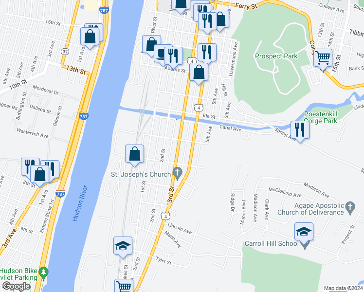 map of restaurants, bars, coffee shops, grocery stores, and more near 253 Madison Street in Troy