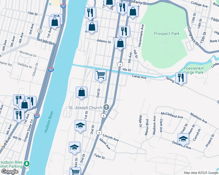 map of restaurants, bars, coffee shops, grocery stores, and more near 253 Madison Street in Troy