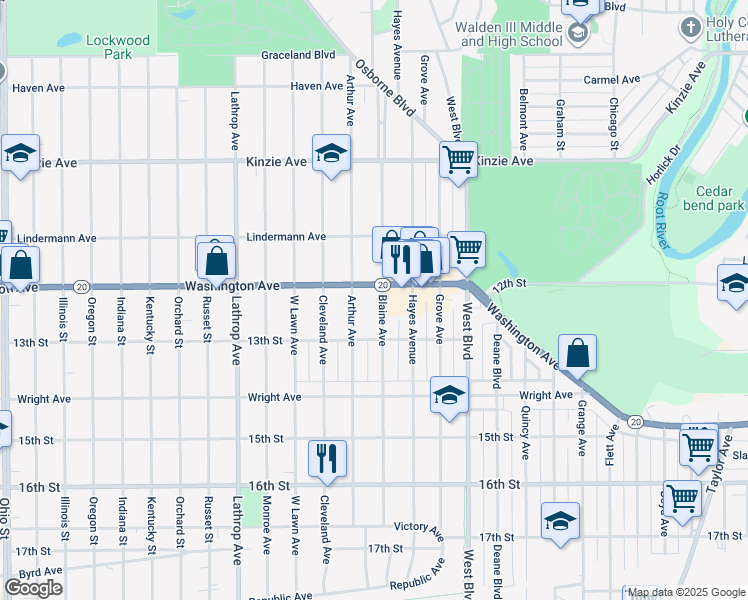 map of restaurants, bars, coffee shops, grocery stores, and more near 3417 Washington Avenue in Racine