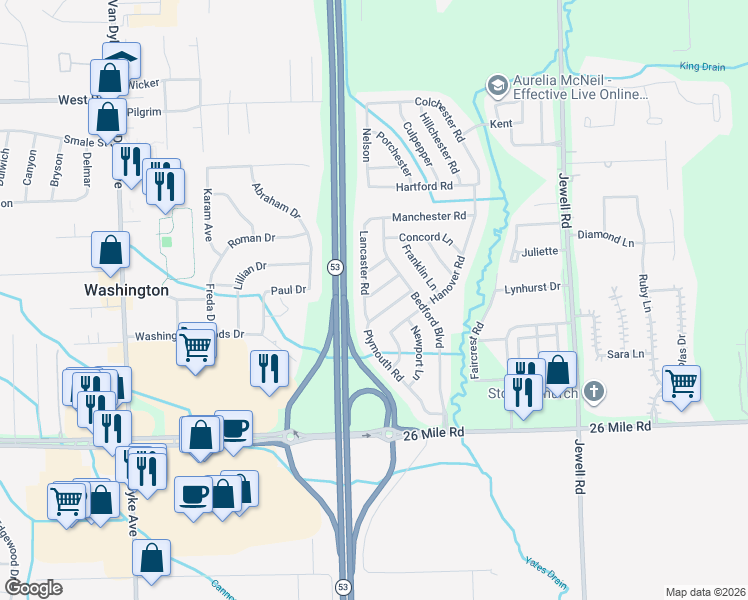 map of restaurants, bars, coffee shops, grocery stores, and more near 11041 Milford Lane in Washington