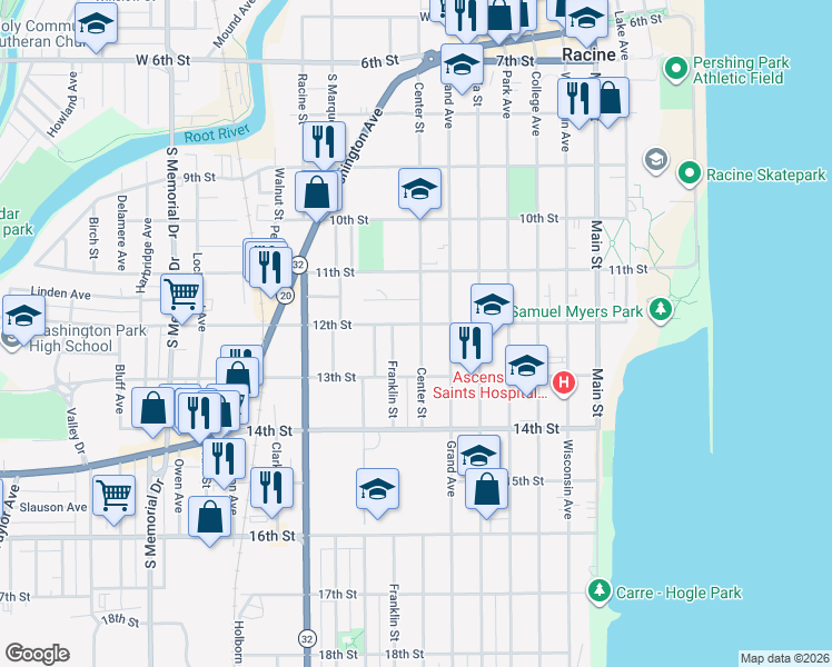map of restaurants, bars, coffee shops, grocery stores, and more near 1206 Center Street in Racine
