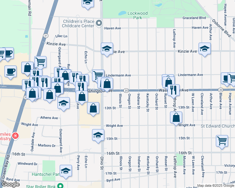 map of restaurants, bars, coffee shops, grocery stores, and more near 4515 Washington Avenue in Racine