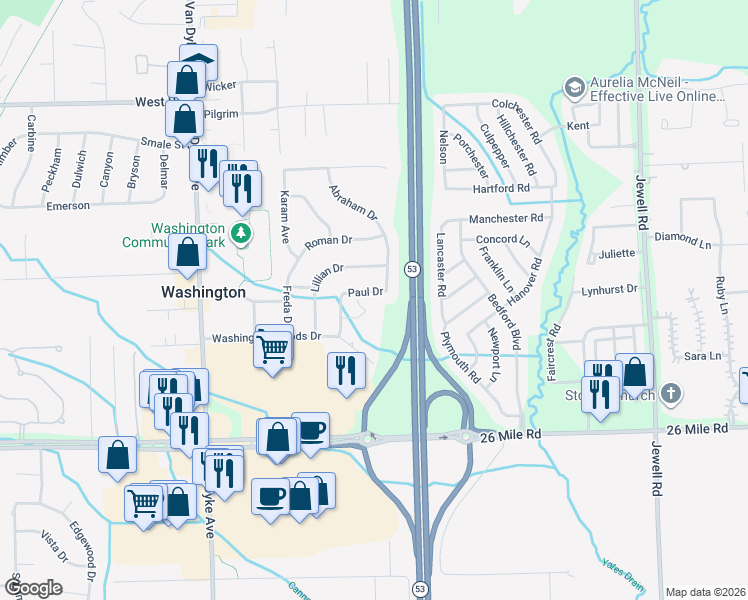 map of restaurants, bars, coffee shops, grocery stores, and more near 8650 Paul Drive in Washington
