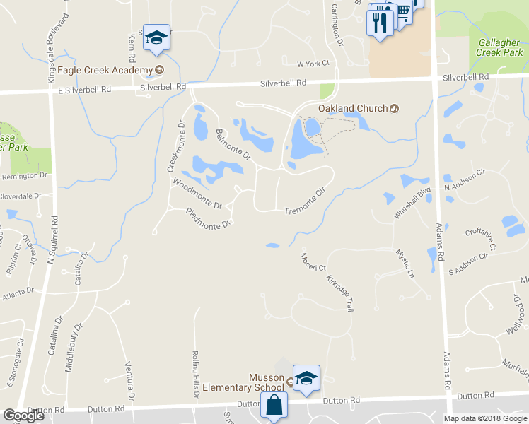 map of restaurants, bars, coffee shops, grocery stores, and more near 3480 Tremonte Circle in Rochester