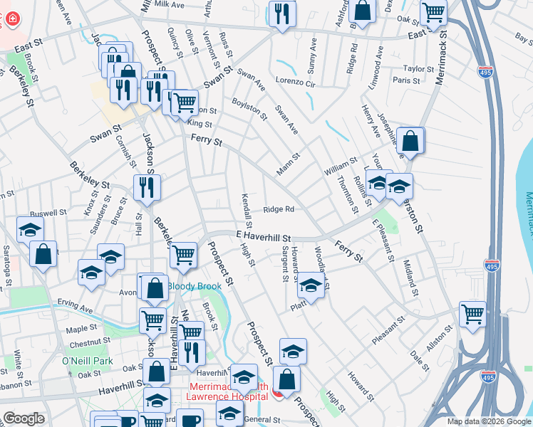 map of restaurants, bars, coffee shops, grocery stores, and more near 23 Ridge Road in Lawrence