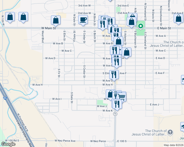 map of restaurants, bars, coffee shops, grocery stores, and more near 224 West Avenue F in Jerome