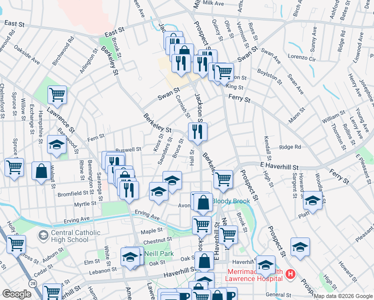 map of restaurants, bars, coffee shops, grocery stores, and more near 64 Berkeley Street in Lawrence