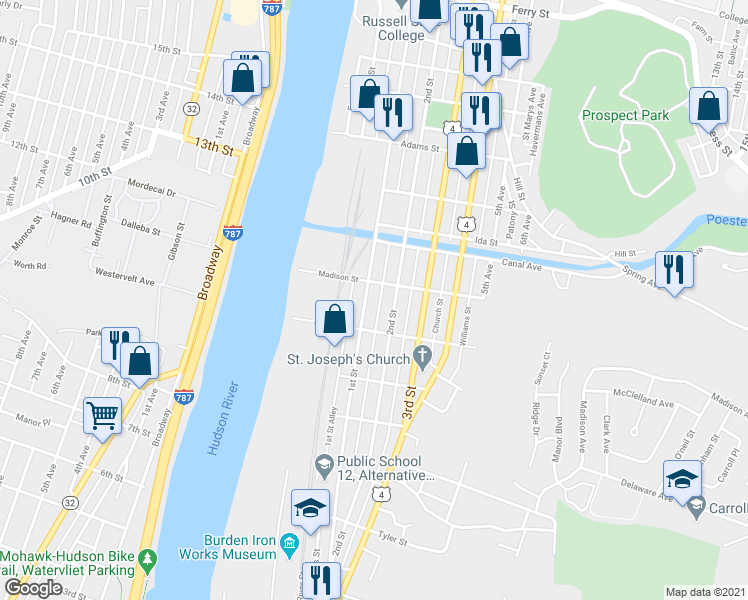 map of restaurants, bars, coffee shops, grocery stores, and more near 153 Madison Street in Troy