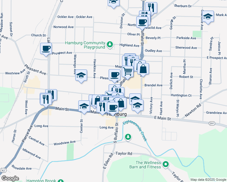 map of restaurants, bars, coffee shops, grocery stores, and more near 76 Buffalo Street in Hamburg