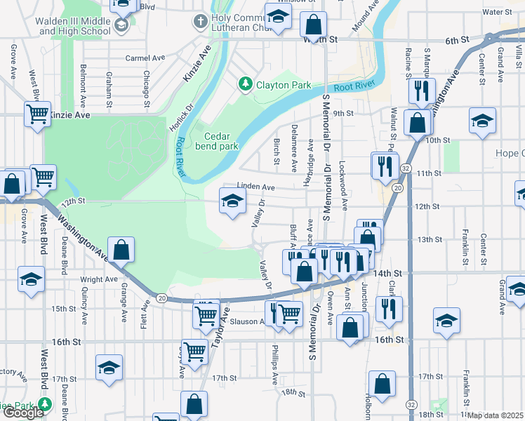 map of restaurants, bars, coffee shops, grocery stores, and more near 1842 12th Street in Racine