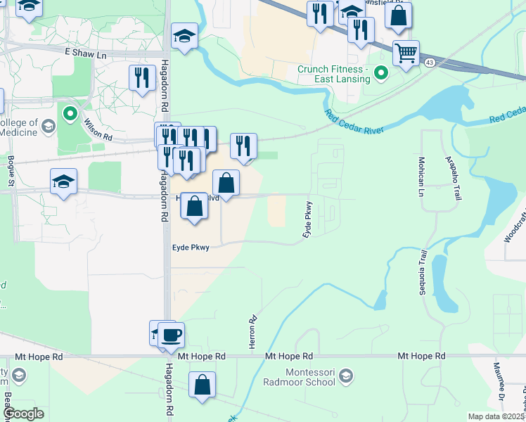 map of restaurants, bars, coffee shops, grocery stores, and more near 2855 Hannah Boulevard in East Lansing