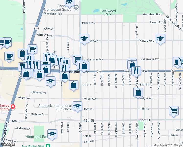 map of restaurants, bars, coffee shops, grocery stores, and more near 4515 Washington Avenue in Racine