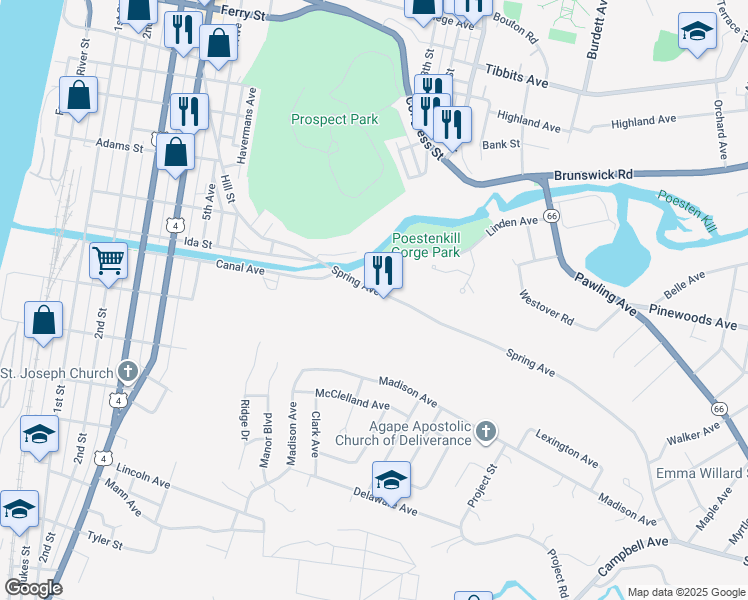 map of restaurants, bars, coffee shops, grocery stores, and more near 10 Spring Avenue in Troy