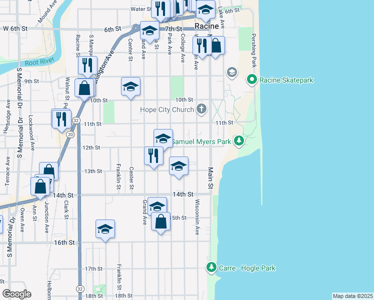 map of restaurants, bars, coffee shops, grocery stores, and more near 1201 College Avenue in Racine