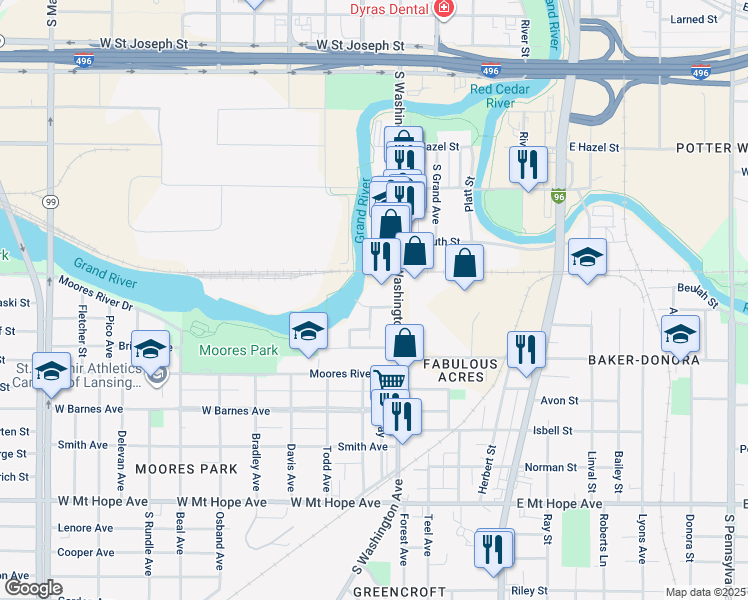 map of restaurants, bars, coffee shops, grocery stores, and more near 124 Island Avenue in Lansing