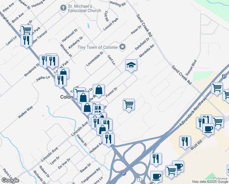 map of restaurants, bars, coffee shops, grocery stores, and more near 27 Forest Drive in Colonie