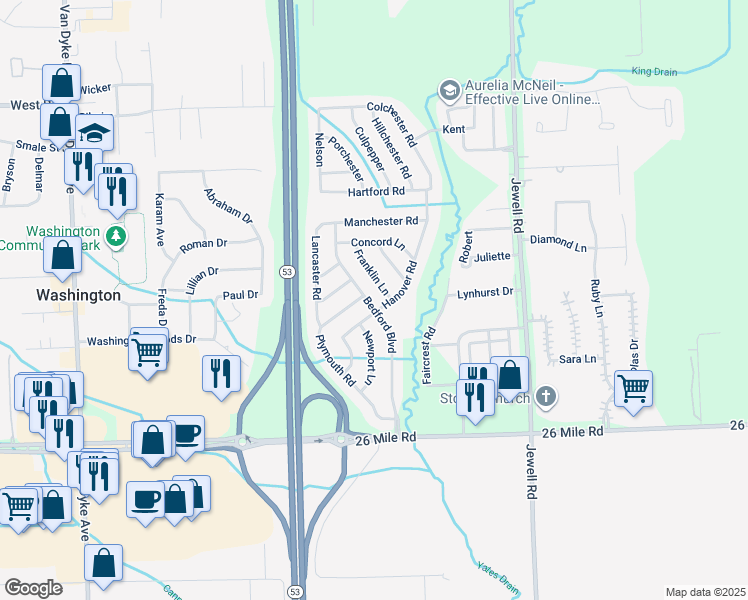 map of restaurants, bars, coffee shops, grocery stores, and more near 57550 Bedford Boulevard in Washington