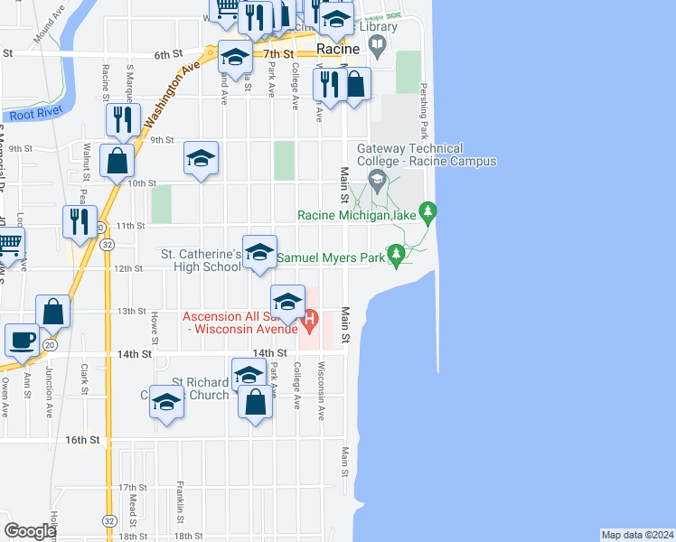 map of restaurants, bars, coffee shops, grocery stores, and more near 1202 Main Street in Racine