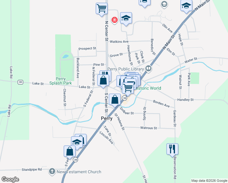 map of restaurants, bars, coffee shops, grocery stores, and more near 35 Lake St in Perry