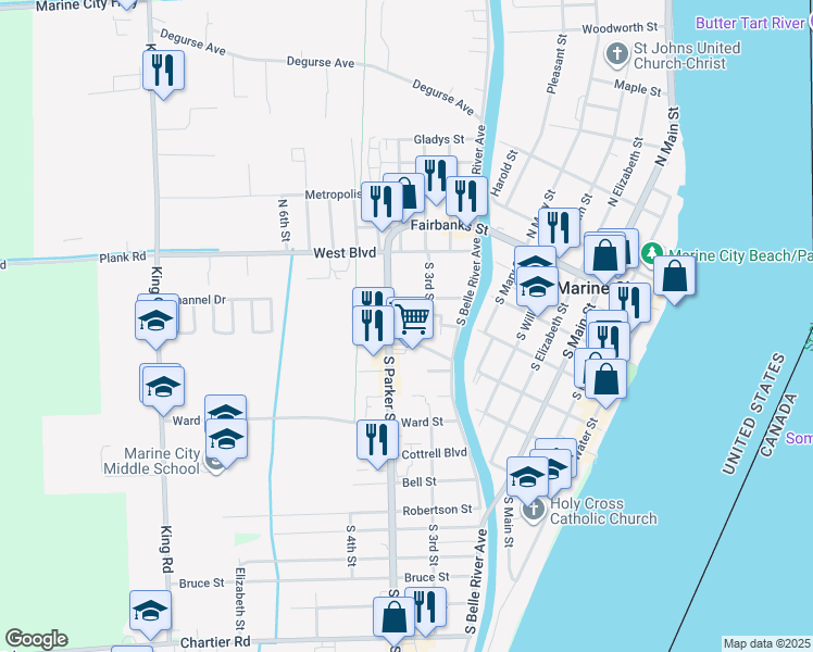 map of restaurants, bars, coffee shops, grocery stores, and more near 413 Hill St in Marine City