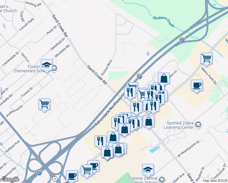map of restaurants, bars, coffee shops, grocery stores, and more near 487 Sand Creek Road in Colonie
