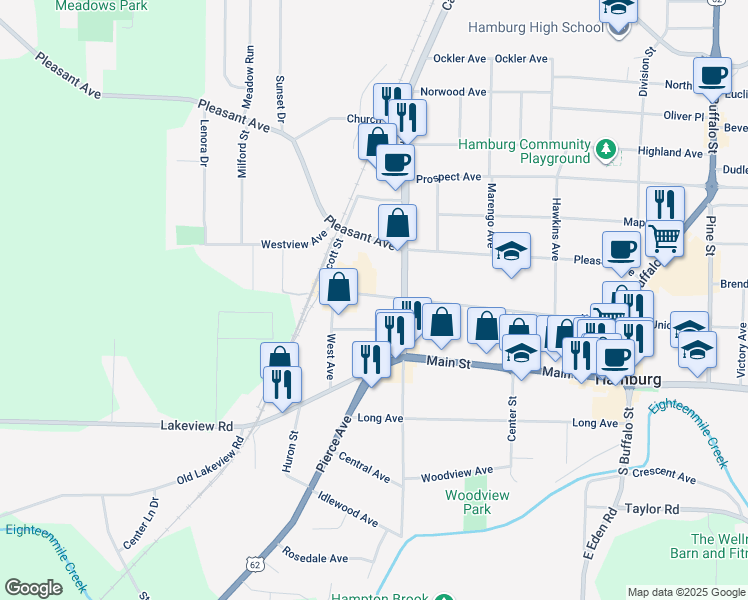 map of restaurants, bars, coffee shops, grocery stores, and more near 285 Union Street in Hamburg