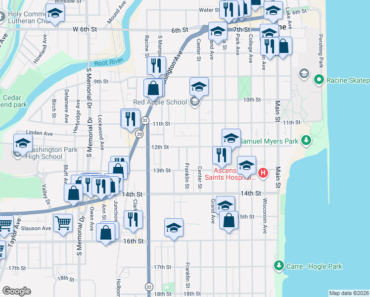map of restaurants, bars, coffee shops, grocery stores, and more near 900 12th Street in Racine