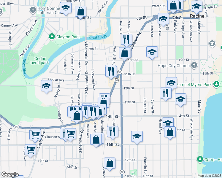 map of restaurants, bars, coffee shops, grocery stores, and more near 1149 Washington Avenue in Racine