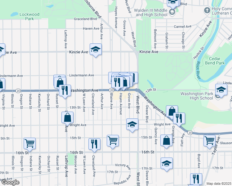 map of restaurants, bars, coffee shops, grocery stores, and more near 3311 Washington Avenue in Racine